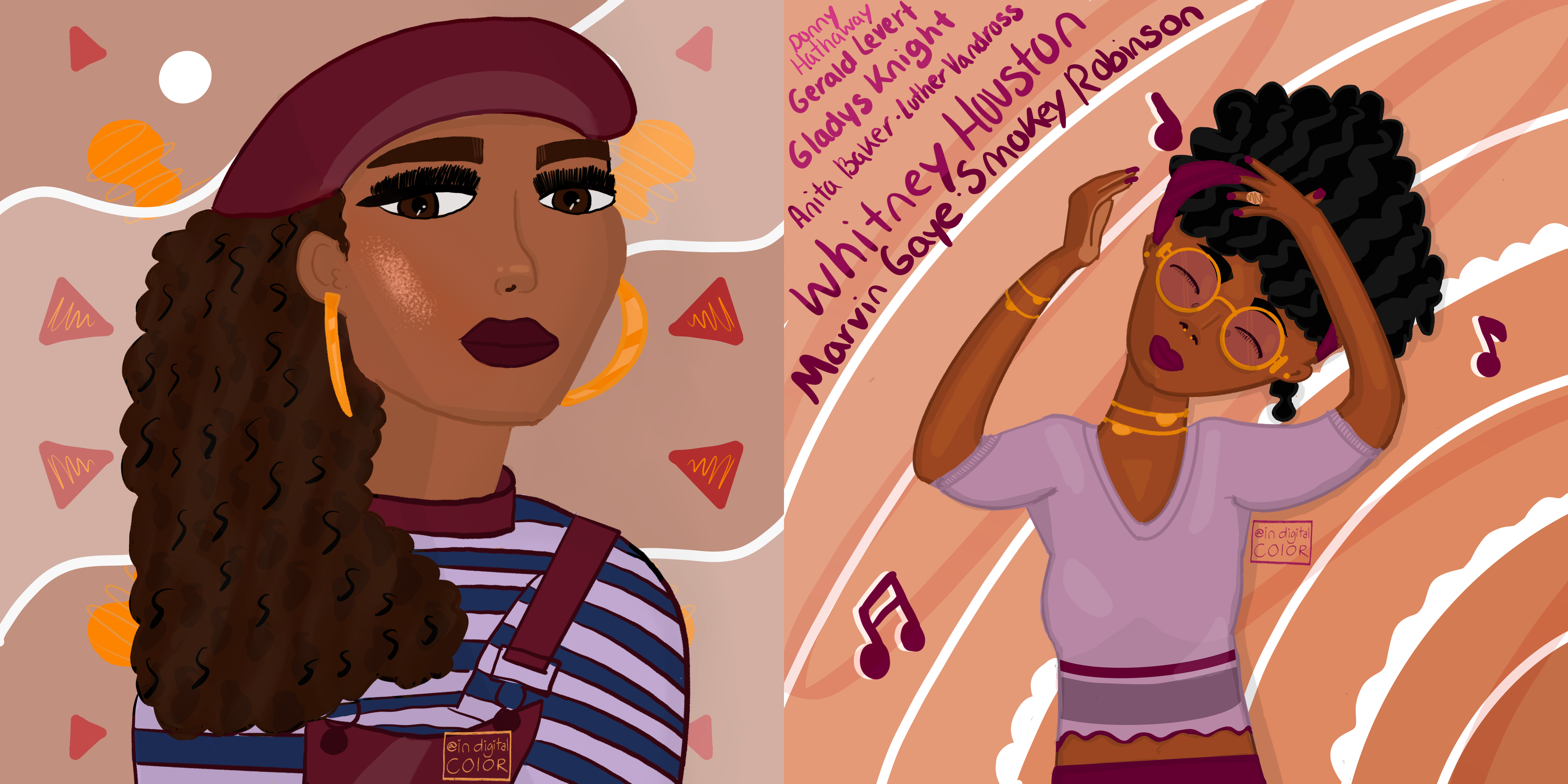 Cover Image for About The Artist:  Featuring two portraits illustrated by Monica. The one on the left features a Black woman with natural hair wearing a magenta beret and overalls along with a purple striped shirt and gold hoop earrings looking straight ahead over an abstract background. The one on the right features a Black woman with her natural hair pulled up while wearing a purple shirt and having her hands up dancing with musical notes appearing over an abstract background, in the background the names of various musical artists including Whitney Houston, Marvin Gaye, Smokey Robinson, Anita Baker, Luther Vandross, etc. appear. 